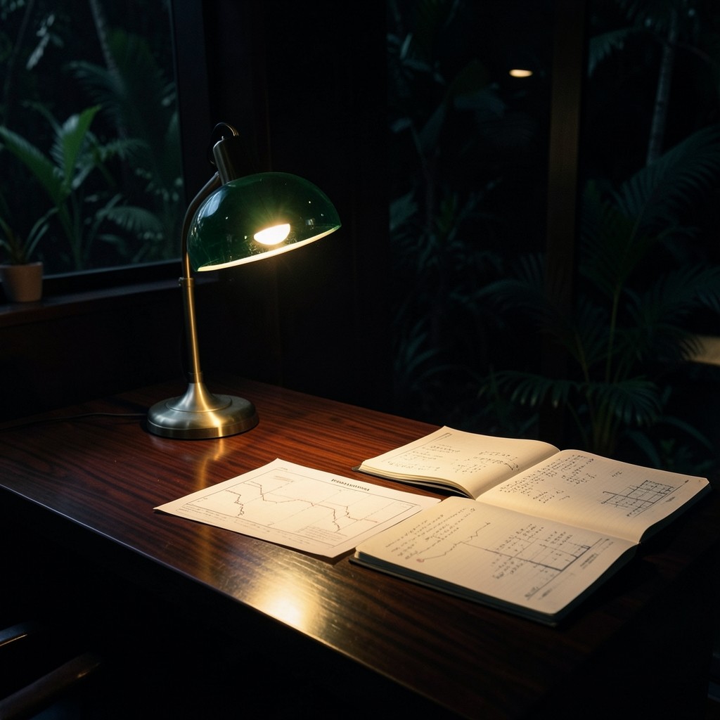 Quiet Krabi workspace with printed charts and a dark wood desk