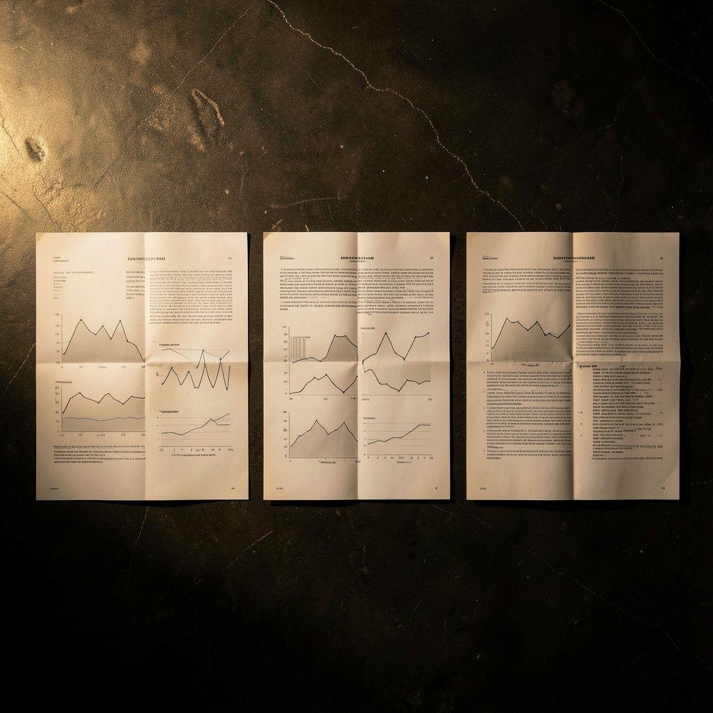 Sequence of printed report pages progressing across a dark desk